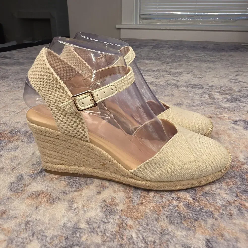 Alex Marie Shoes Womens Size 7.5 Beige Espadrille Wedge Sandals Ankle Strap Boho
